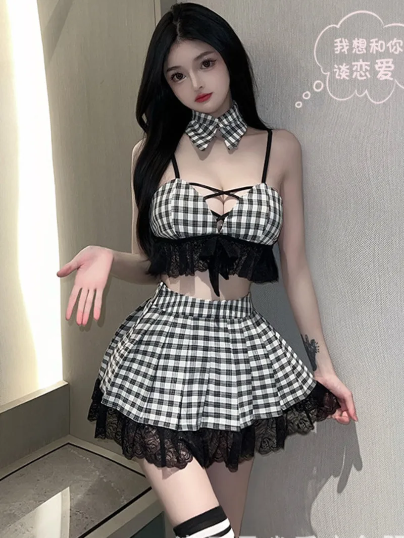 

Plaid V Neck Tank Mini Dress Fashion Korean Female Sexy Uniform Seduction Passion Pure Student Dress Elegant Cosplay S979