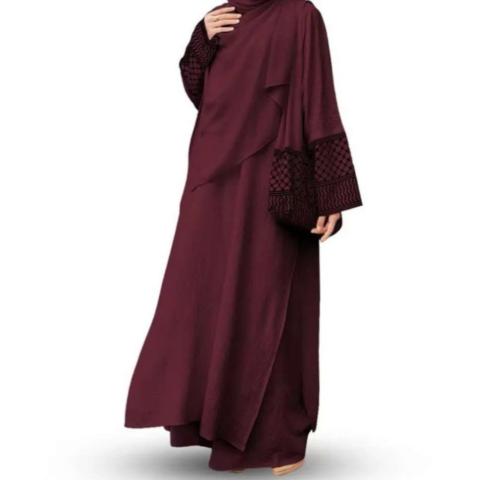 Muslim Luxury and Comfortable Islamic Dubai New Three Piece Set Solid Color Cotton Linen Wrinkle Fashion Casual Loose Large Size