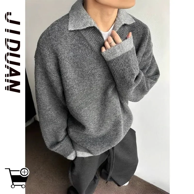 American Retro Fake Two-piece Sweater Men's Winter Lapel Inner Base Knit Oversized Polo Collar Loose Fit Casual V-Neck Pullover