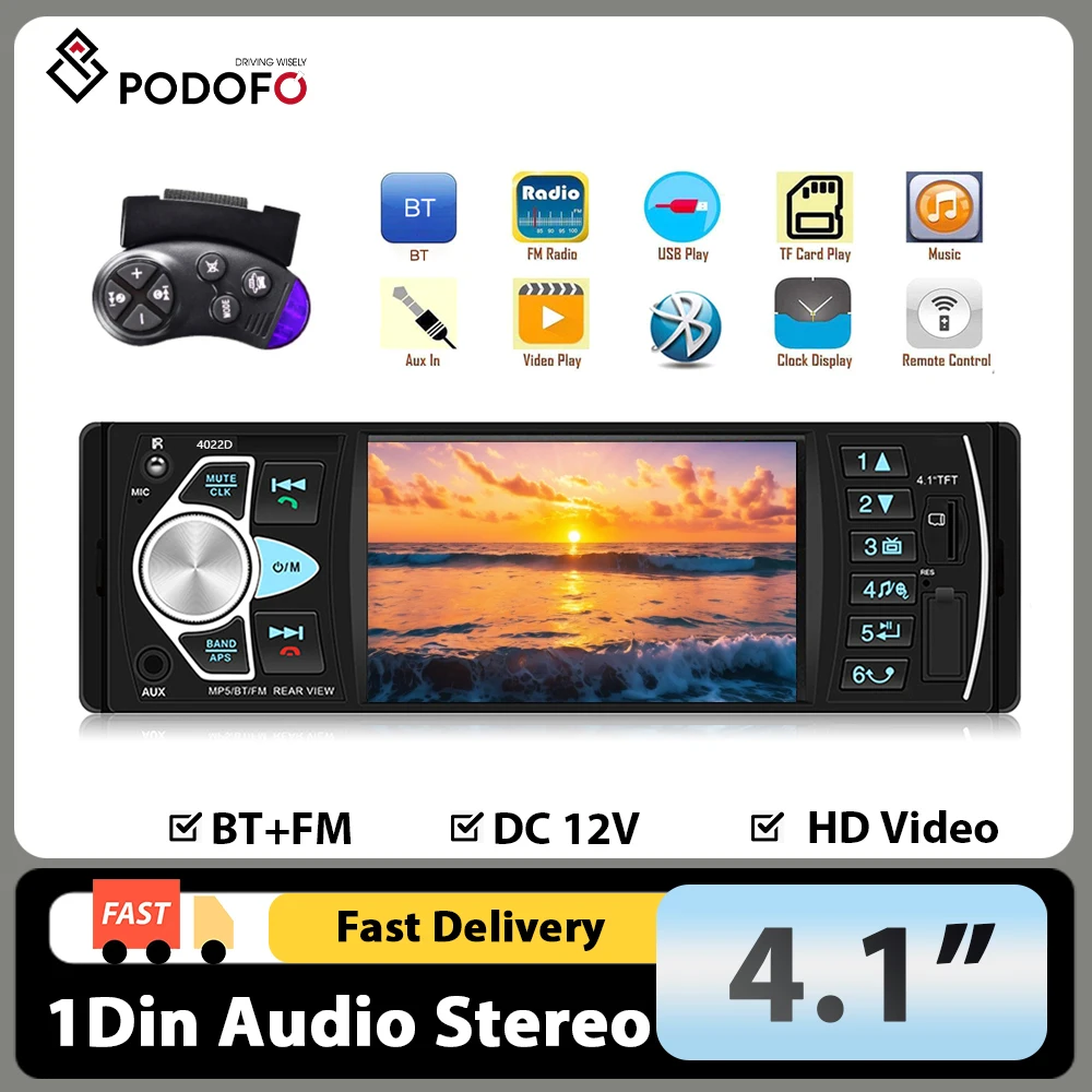Podofo 1Din MP5 Autoradio 4,1 Zoll Digitaler TFT-Bildschirm BT FM Stereo Intelligente Dynamische Rückfahrkamera Lenkradsteuerung