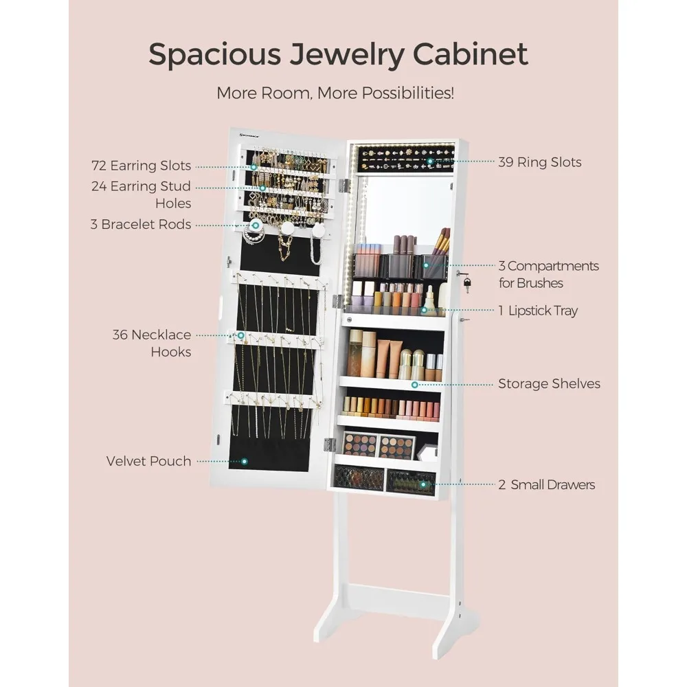 Freestanding Mirrored Jewelry Cabinet with LED Lighting and Storage Organizer