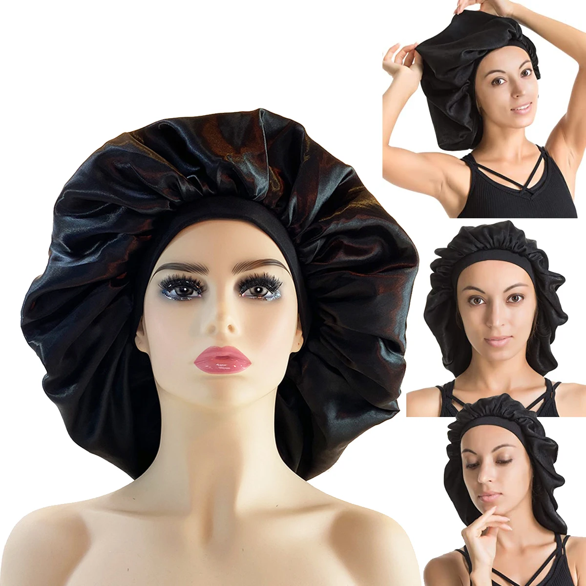

1Pc New Large Women Satin Bonnet Silky Night Solid Sleeping Cap Night Hat Beauty Salon Hair Care Hat Bathroom Products