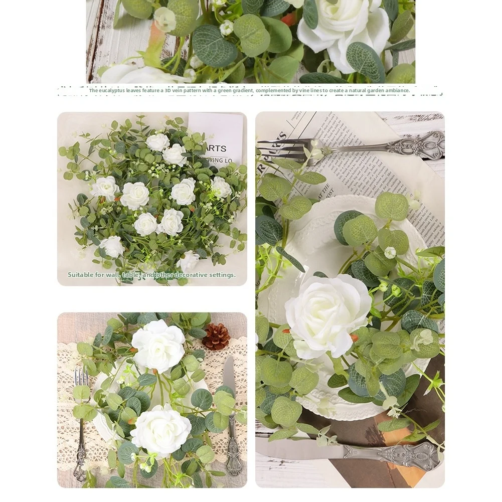 Artificial Flower Vine 185cm with Lifelike White Roses and Eucalyptus Foliage for Wedding Reception Decor Garden Party Setup