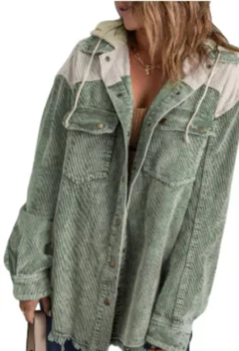 

Осень-зима, однобортная свободная вельветовая куртка контрастного цвета, новая верхняя одежда, женская одежда, пальто с капюшоном 2025 г.