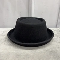 Hukaili Roll Brim Black Pork Pie Hat para hombres y mujeres lana Fedoras Jazz Cap Iglesia Panamá Gangsters Gorras Caballeros