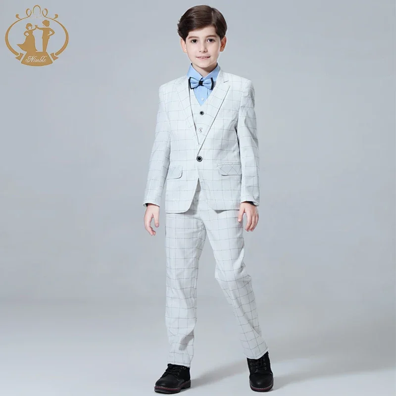 2023 New Kids Plaid Wedding Blazer Suit Brand Flower Boys Formal Tuxedos School Kids Spring Clothing Set Coat Vest Pants 3Pcs