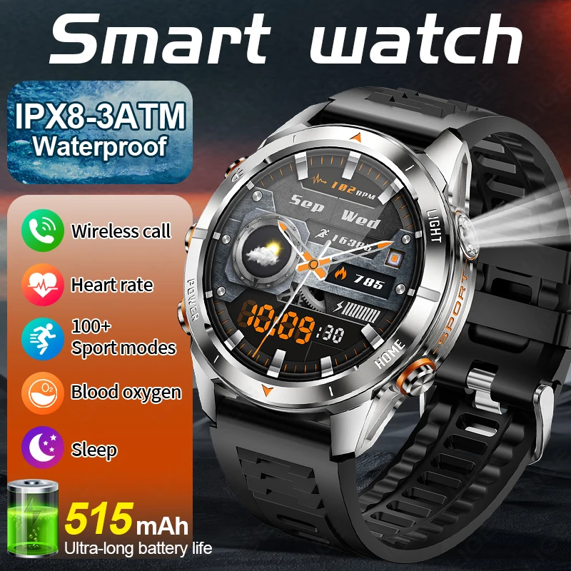 

LIGE Новые мужские умные часы в стиле милитари, 515 мАч, аккумулятор, фонарик, УФ-лампа, монитор сердечного ритма и здоровья, BT Call, умные часы для Android IOS