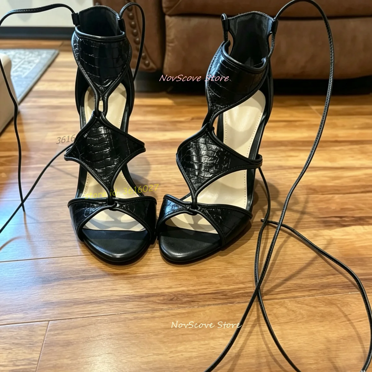 Black Crocodile Print Leather Sandals Open Toe T Straps Ankle Lace Up High Heels Sandals Cutouts Shallow Pumps Summer Party Shoe