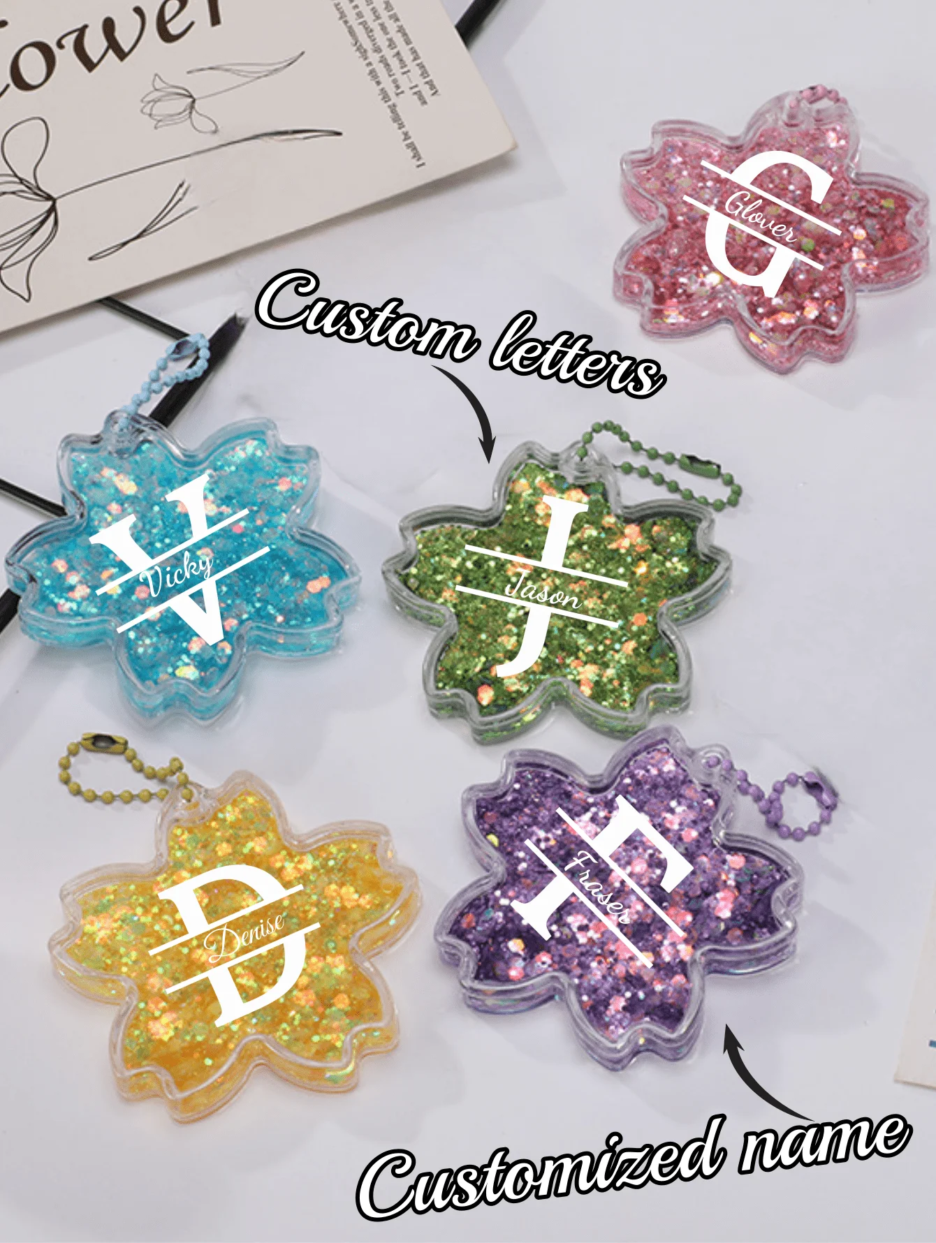 

Personalized Custom Cherry Blossom-Shaped Quicksand Guka Keychain Upload Text Custom Text Fashion Sequin Pendant Keychains Gift