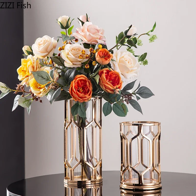 

Creative glass vase Metal hollow frame Golden Flower vase Flower Arrangement Hydroponics Home Decoration Glass bottle decoration