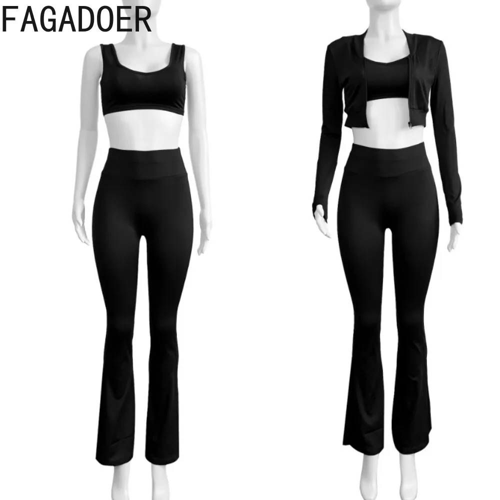 FAGADOER Fashion Solid Color Sporty Flare Pants Women Vest + Long Sleeve Crop Coats + Skinny Pants 3 Piece Sets Female Outfits