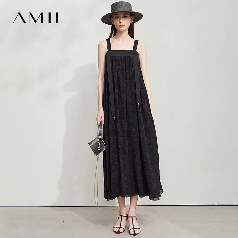 

Amii Minimalist Women's Vacation Sundress 2025 Summer New Fashion Casual A-Line Wrinkle Black Elegant Strap Dresses 12552046