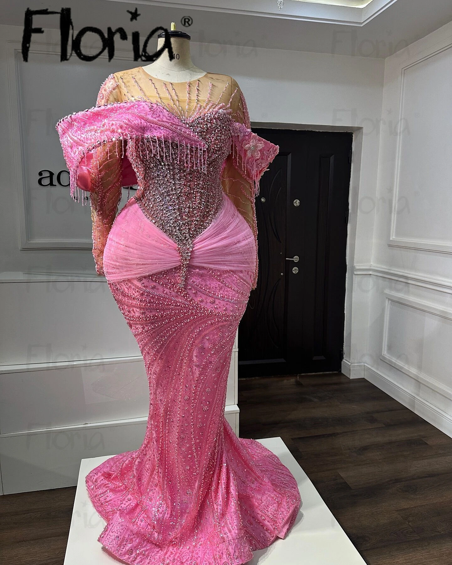 Vestidos de noite elegantes para menina negra, Aso Ebi, manga comprida, sereia muçulmana, vestidos de casamento, robe rosa, vestido promocional