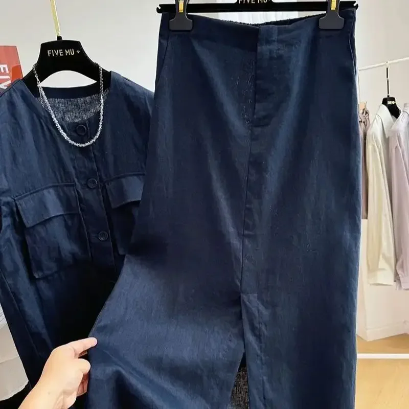 

Two Piece Sets Womens Outifits Linen Fashion Pockets Sleeveless Vest Top Design Sense Split Midi Half Skirt Women 2 Piece Sets