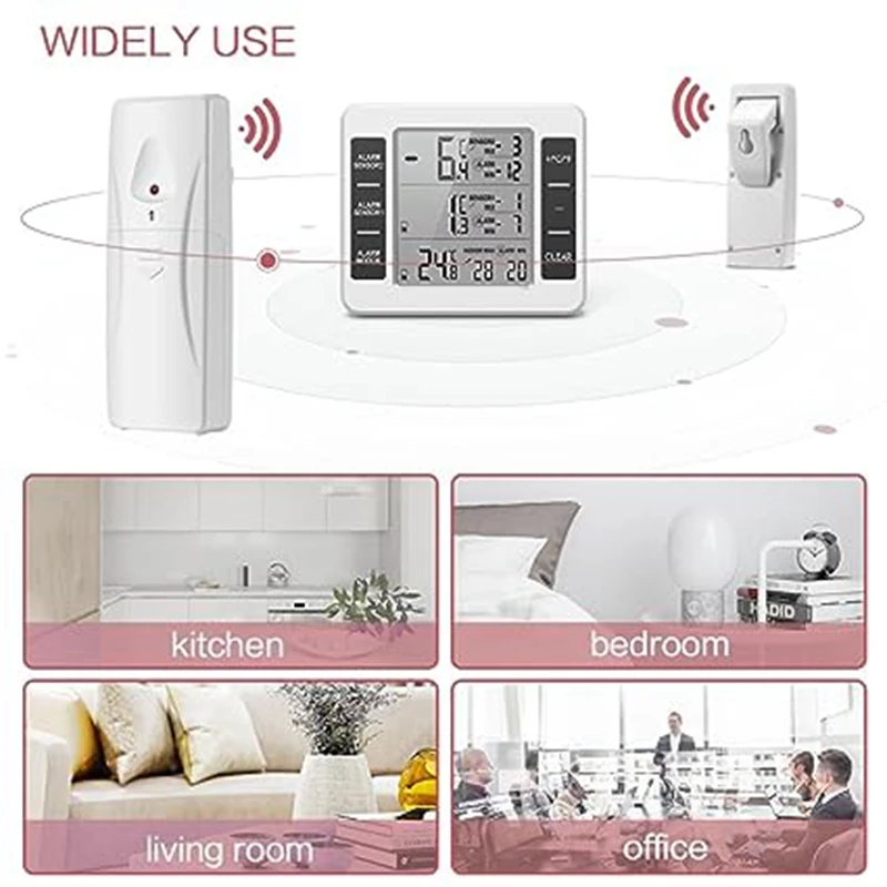 Wireless Refrigerator Thermometer Digital Freezer Thermometer Temperature Monitor With 2 Sensors For Indoor Outdoor White&Black