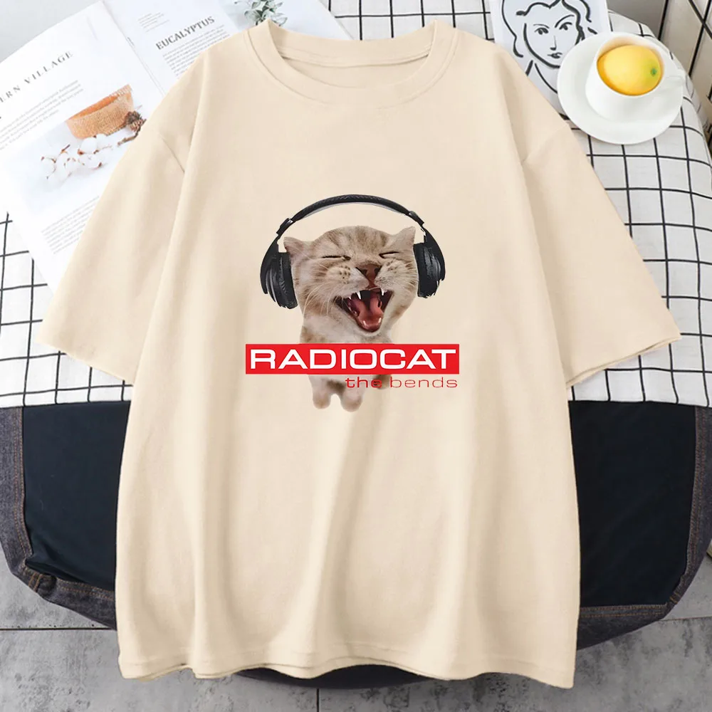 Radiohead Cat Cartoon Printing Tee-shirt Cute Graphic Clothing for Girls Cotton Comfortable Soft Spring T-shirts Women Tees Tops