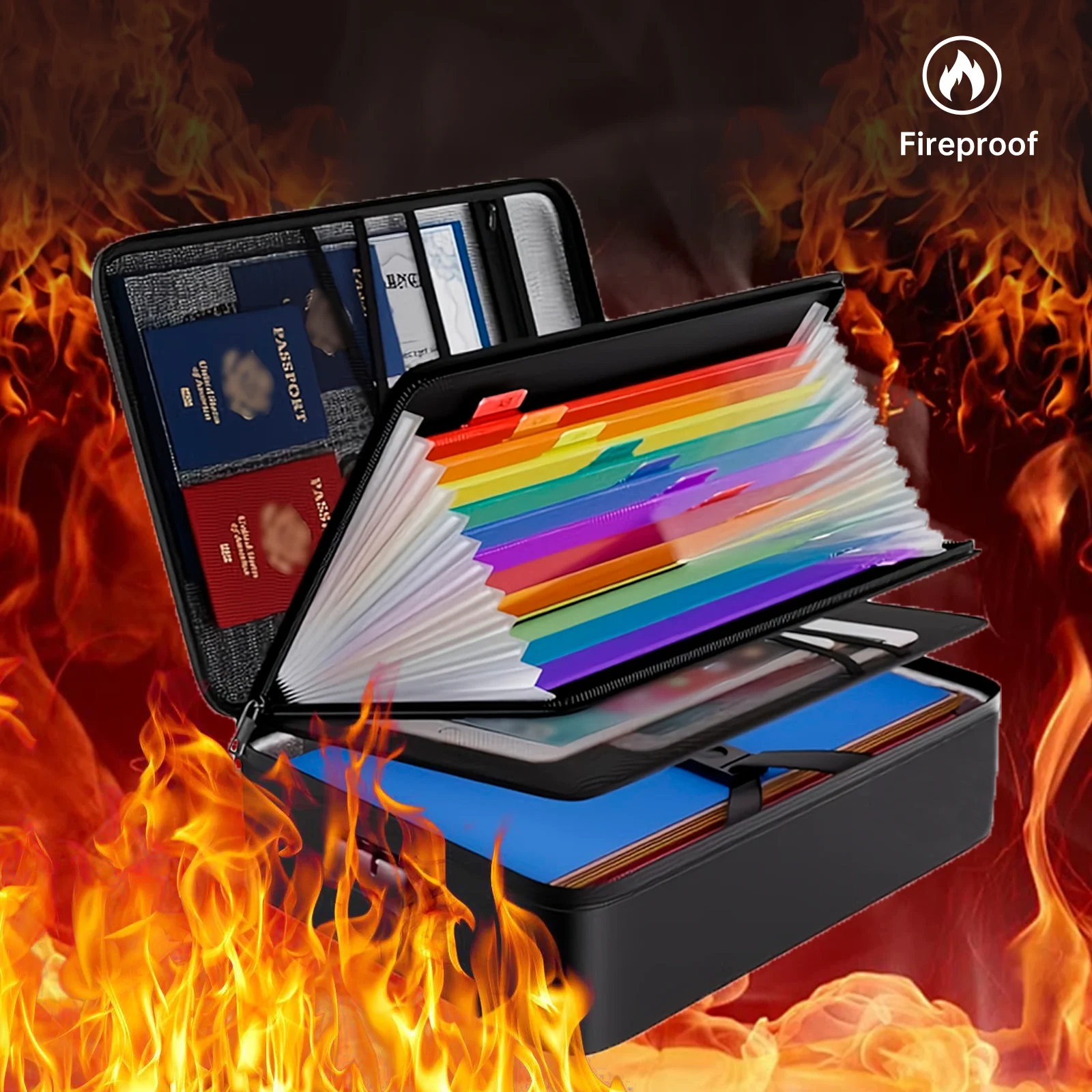 Fireproof Document Organizer Bag with 13 Colored Pockets, Multi-Layer Portable Home Safe Storage Bag