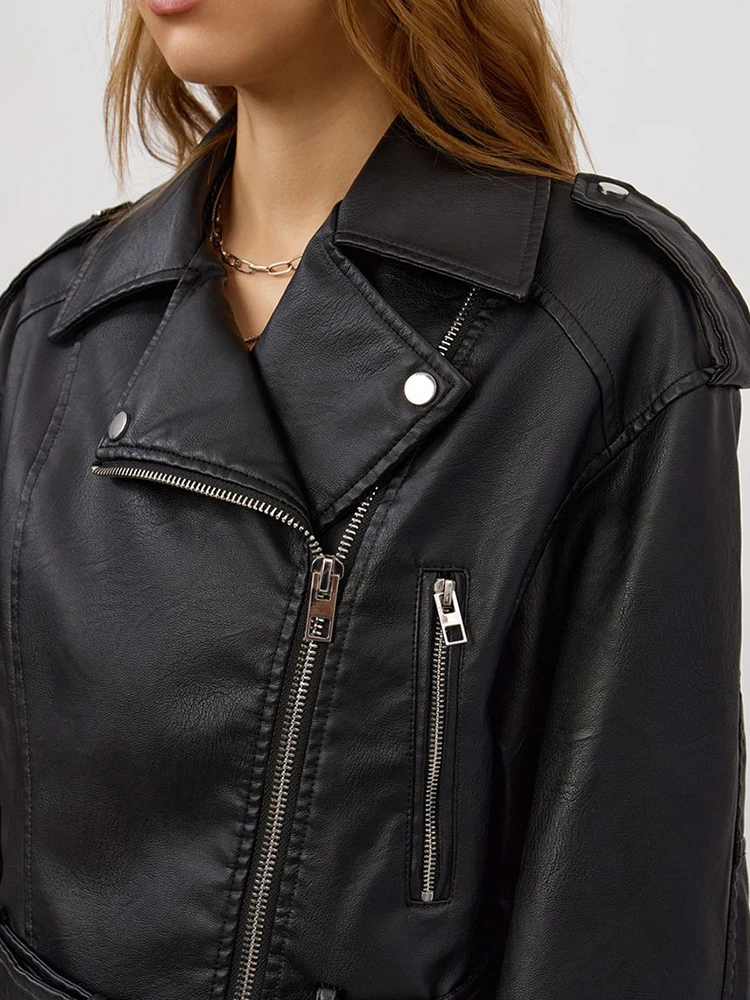 Ailegogo Streetwear Female Loose Moto Biker Black Pu Faux Leather Jacket Spring Autumn Women Zipper Belt Coat Outwear