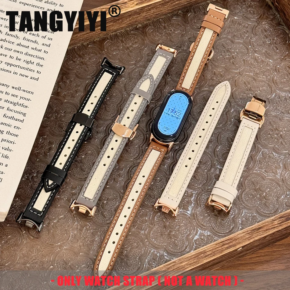 Fashion Canvas Splicing PU Leather Strap For Xiaomi Mi Band 9 8 7 Pro Miband 6 5 4 3 Wristband Folding Clasps Bracelet Watchband