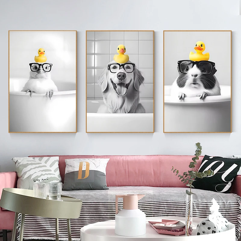 

Black and White Funny Bathroom Decor Poster Animals Print Wall Art Picture Canvas Painting for Kids Room Cuadros Home Decoration