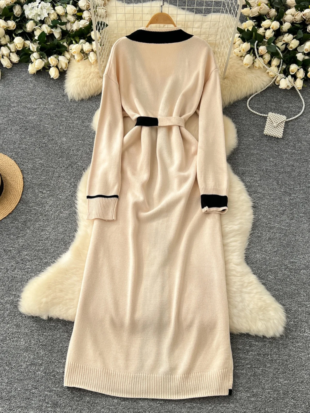 كارديجان نسائي أنيق وفضفاض محبوك مع فستان طويل بأكمام طويلة وحزام خصر عالي، معطف سترة عصري بألوان متباينة لفصلي الخريف والشتاء