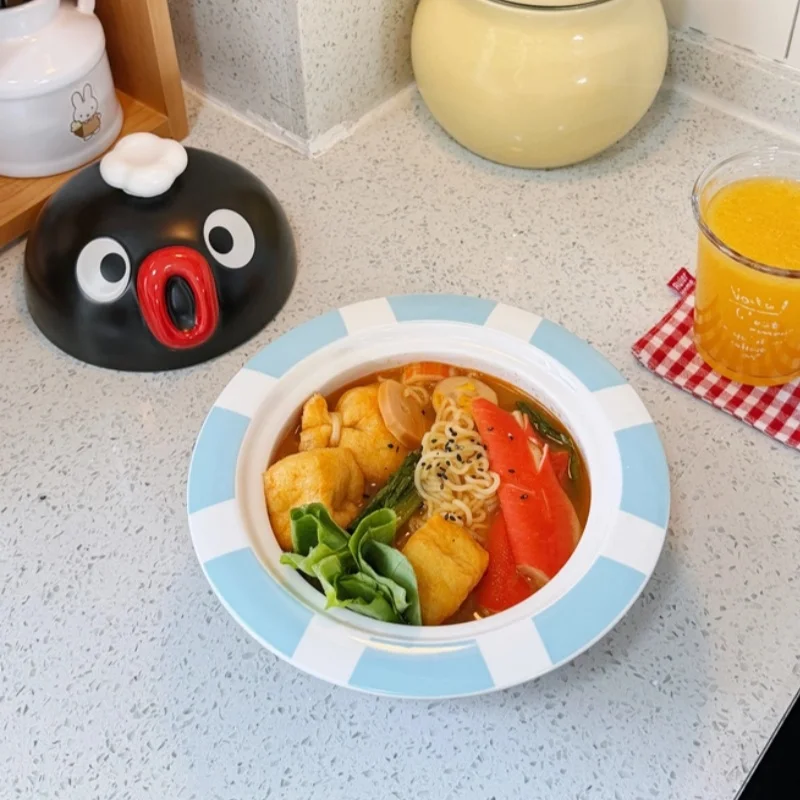 Cmyd Studio Pingu Ceramic Instant Noodle Rice Bowl With Lid Home Kitchen Daily Tableware For Dining Gift For Adult girls