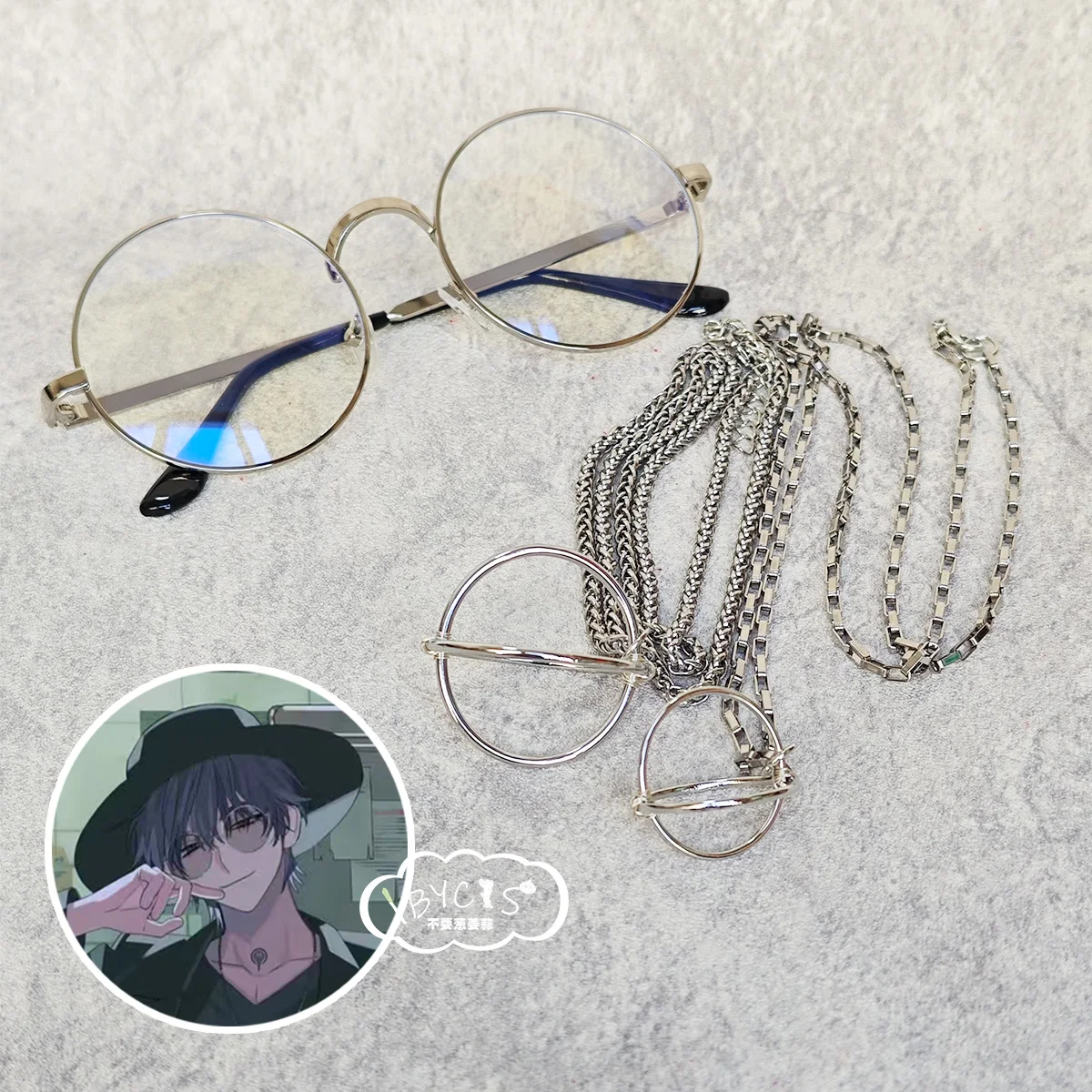 Anime Link Click Liu Xiao Cosplay Cartoon Round Eyeglasses Silver Frame Spectacles Necklace Pendant Ornament Accessory Fans Gift