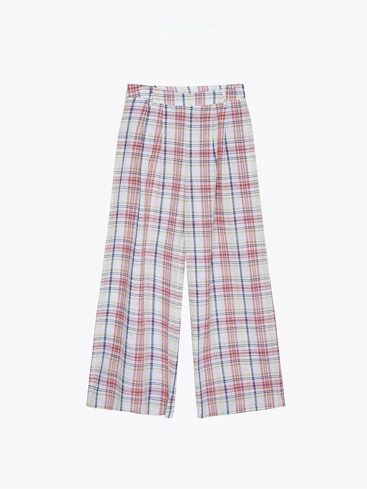 

FORNIYOYO Sweet id Girl Loose Wide Leg Plaid Pants Pure Cotton Pink Casual Straight Leg Pants Low Waist for Ladies