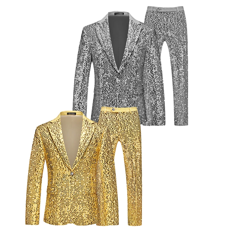 Men's Sparkly Sequin Blazer Suit Set, Slim Fit 2 Piece Glitter Jacket Pants, Party Prom Wedding Stage Show DJ Tuxedo Gold Silver