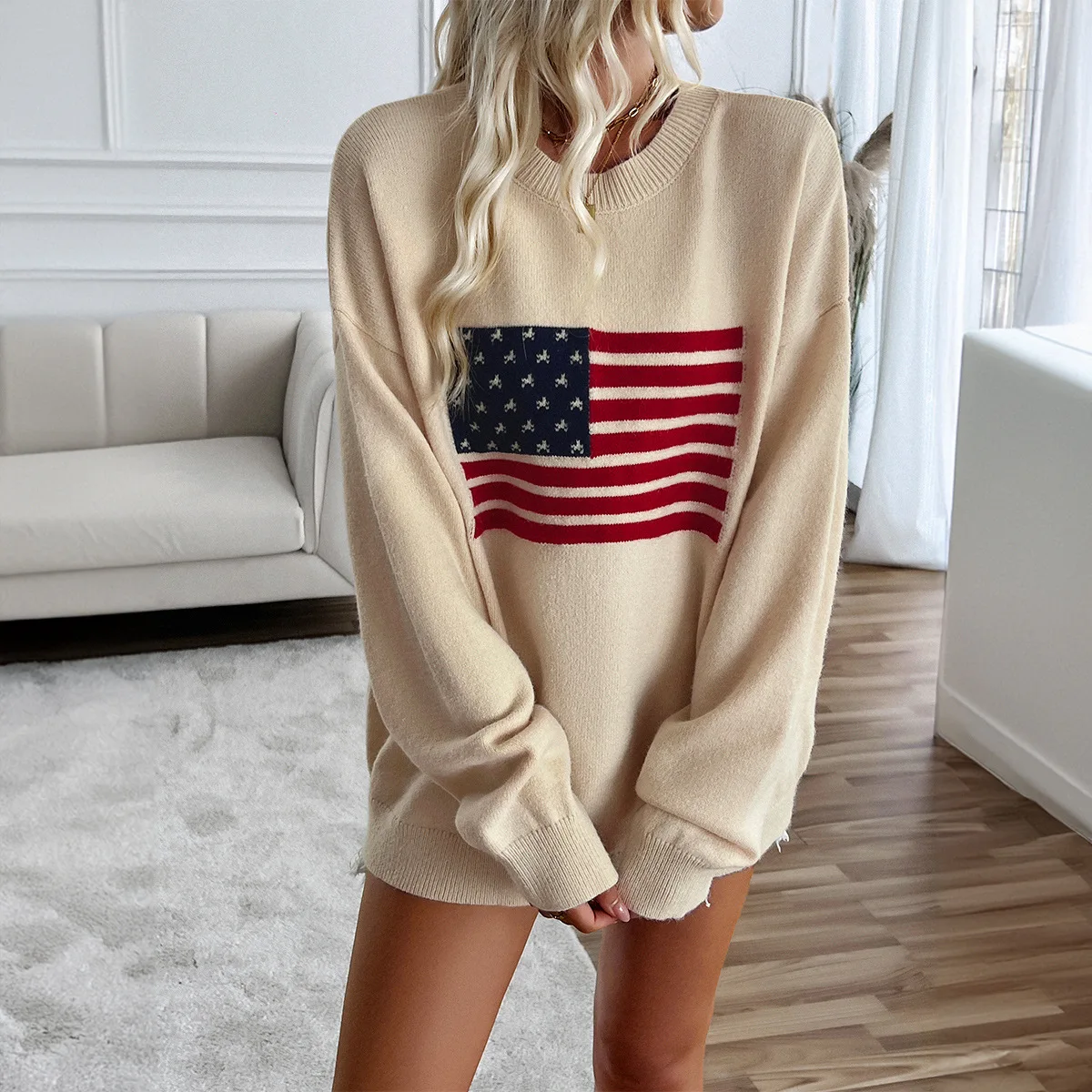 2025 Autumn American Flag Top Women's Casual Loose Long Sleeve Sweater Independence Day Gift M