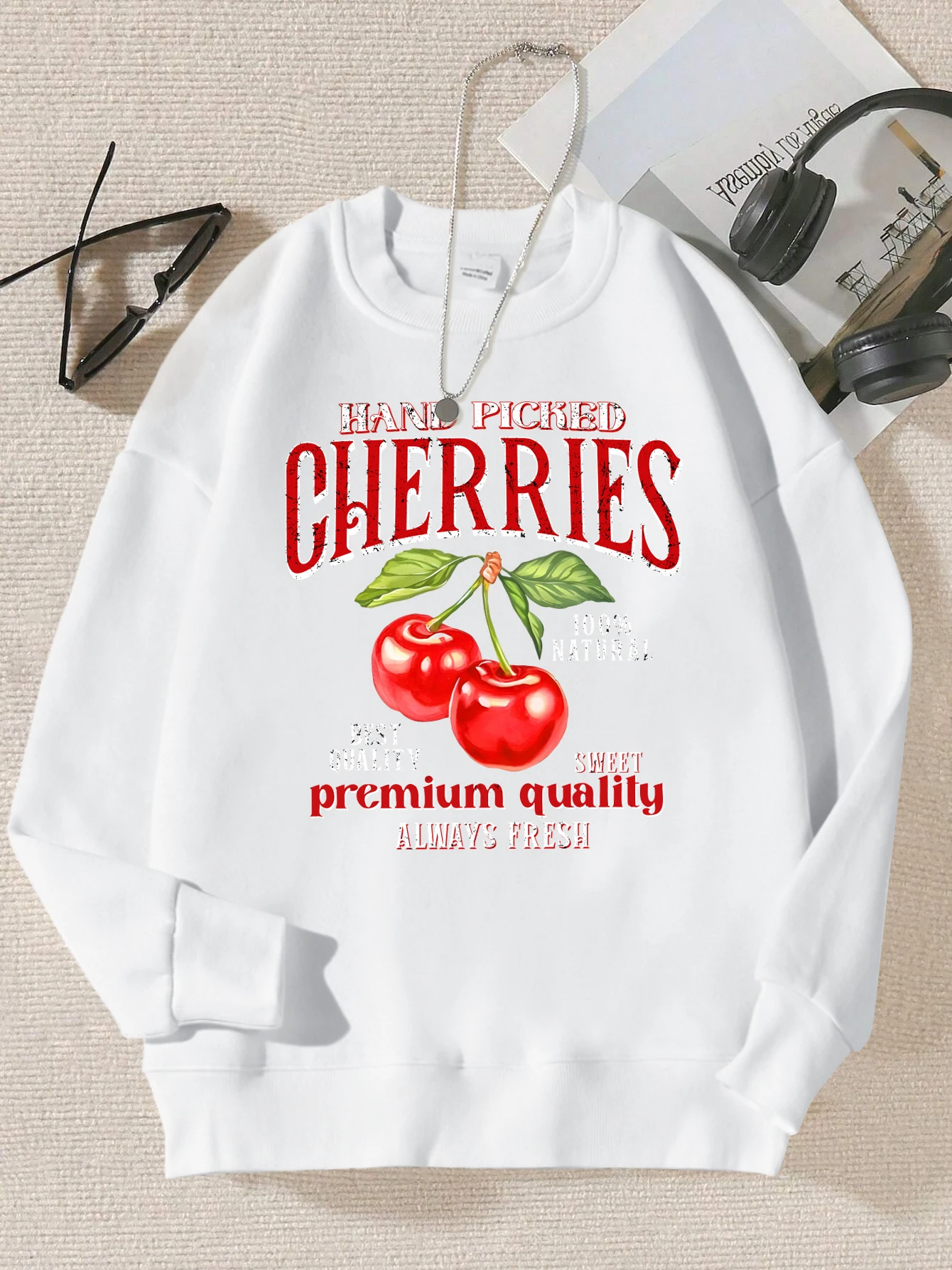 Hand Picked Cherries Printing Women Sweatshirt Simple Casual Pullover Fashion Autumn Streetwear Warm Fleece Female Clothing