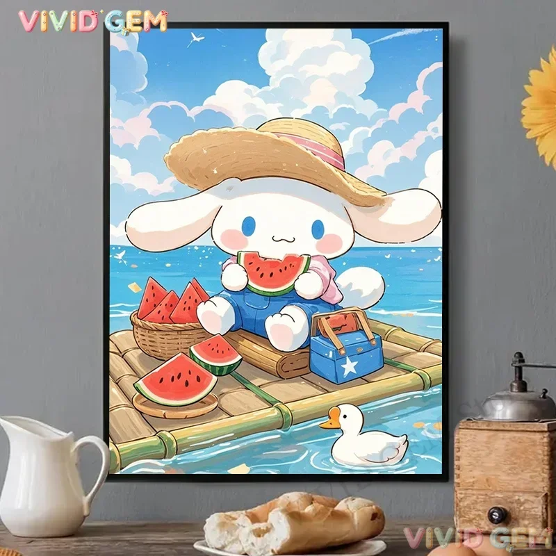 VIVID GEM Diamond Painting Sanrio Cinnamoroll Summer Watermelon Fresh Seaside Straw Hat Mosaic Handmade Artwork Exquisite Gift