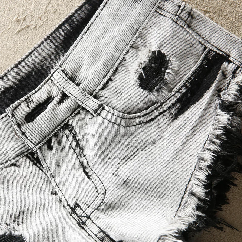 Sexy Low Waist Frayed Color Block Denim Shorts Women's Summer 2023 Club Hot Girls Personality Wrap around Shorts Hot Pants
