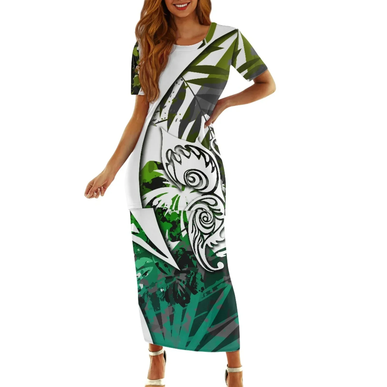 Polynesian Tribal Pohnpei Totem Tattoo Prints, Elegant Short Sleeve Dress, Round Neck Dress, Plumeria Print, Two Pieces Set