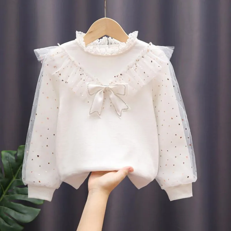 White Bow Lace Long Sleeve Shirts Kids Pullover Tops Children Clothes 3-12 Years Spring Autumn Toddler Teen Girls Cotton Blouse