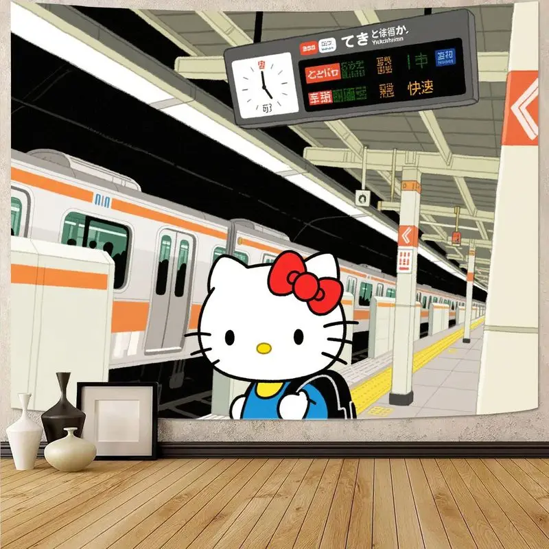 

1 шт., японский гобелен «Hello Kitty», эстетический полиэстер, настенное искусство для спальни, гостиной, общежития, декор, подарок, вентилятор Sanrio