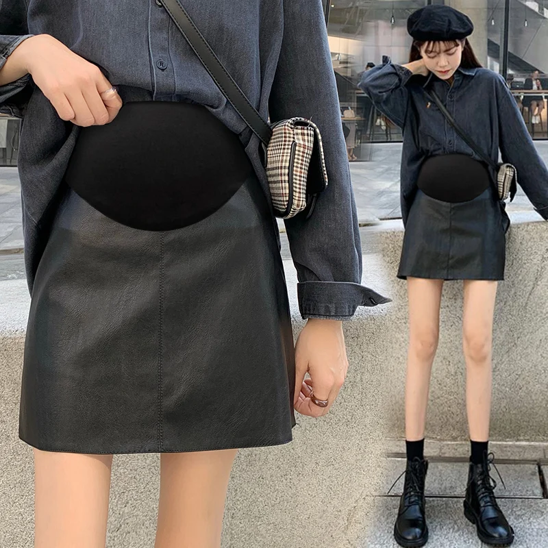 

8805# Autumn Winter Black PU Maternity Skirts Sexy Hot Chic Ins A Line Pencil Belly Skirts Clothes for Pregnant Women Pregnancy