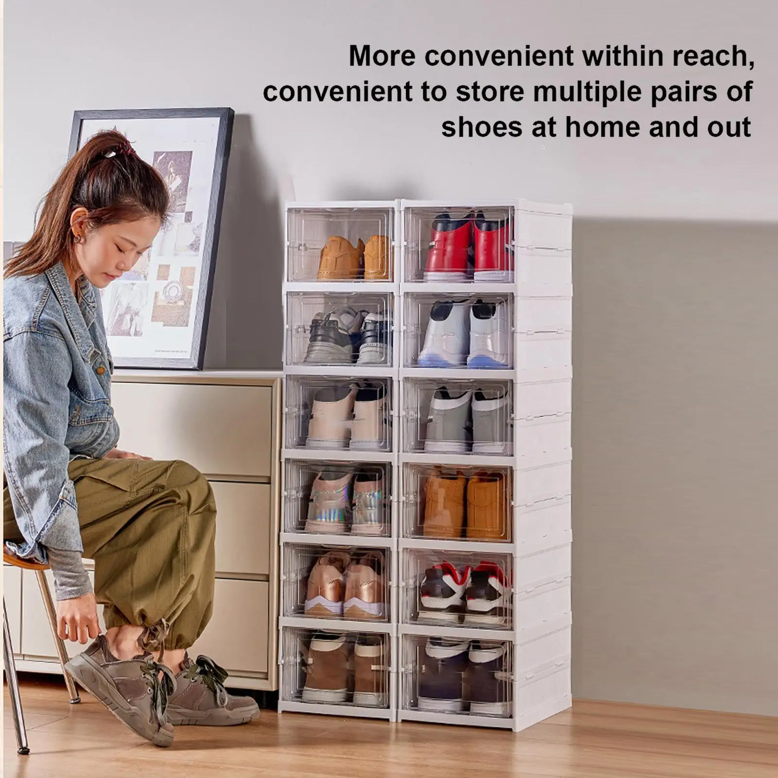 رف الأحذية منظم تخزين الأحذية الشفاف، صندوق شفاف قابل للطي وقابل للتكديس لغرفة النوم، المدخل، المنزل، حذاء رياضي في مكان العمل #4