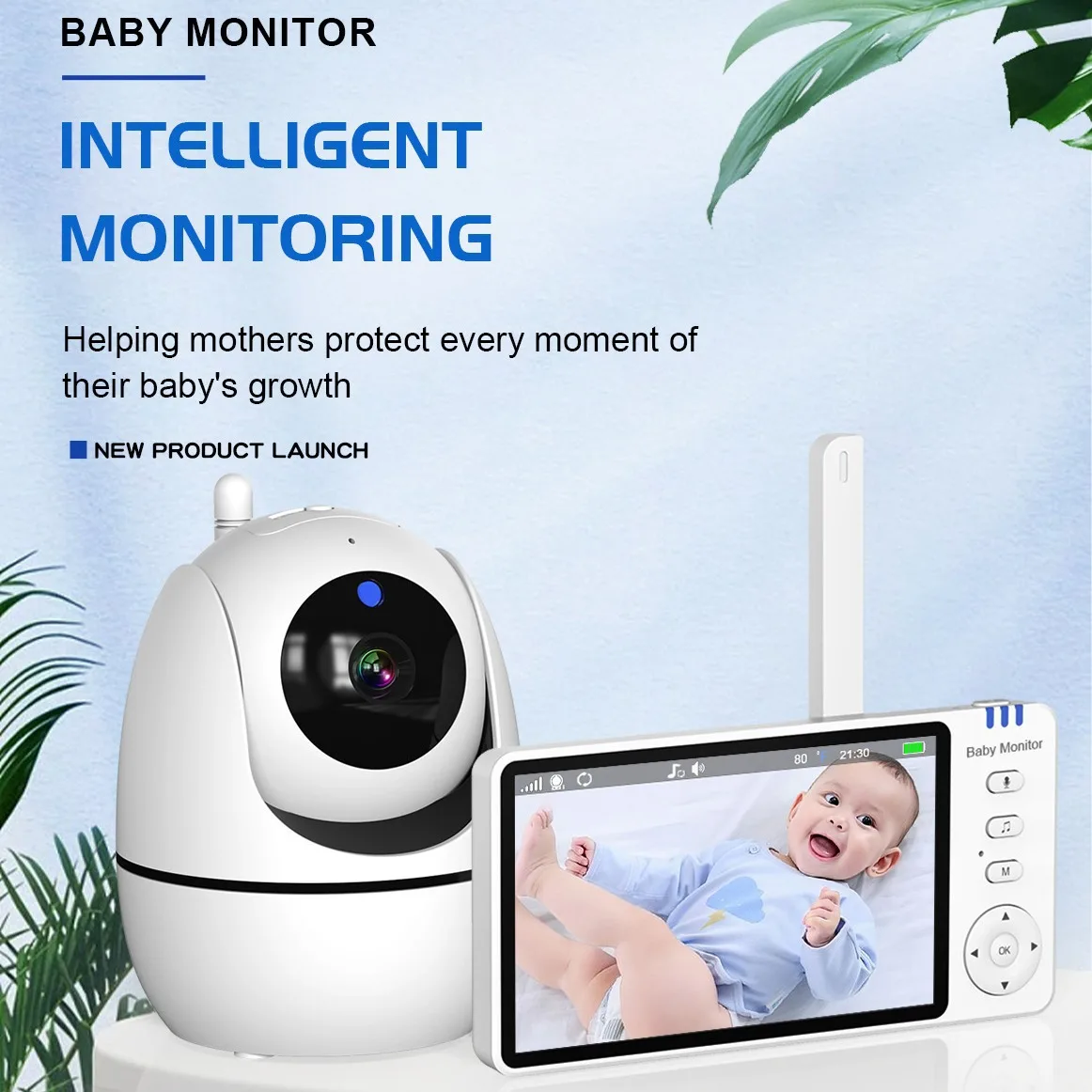 Monitor de Bebé con Video HTMCK de 5 Pulgadas, Visión Nocturna, Zoom 4X, Audio Bidireccional, Cámara para Niñera, Madre, Cuidadora de Bebés