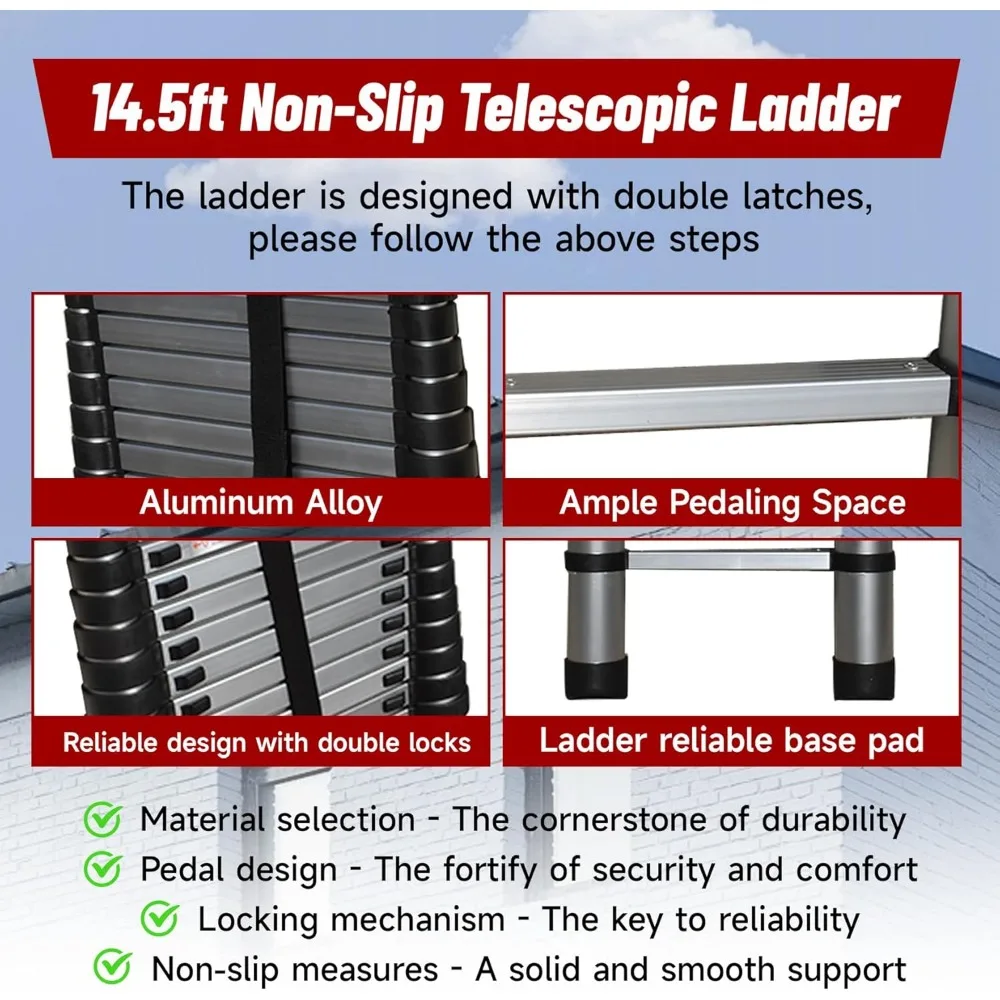 Escada telescópica de alumínio 14,5 pés / 4,4 metros - multiuso antiderrapante dobrável