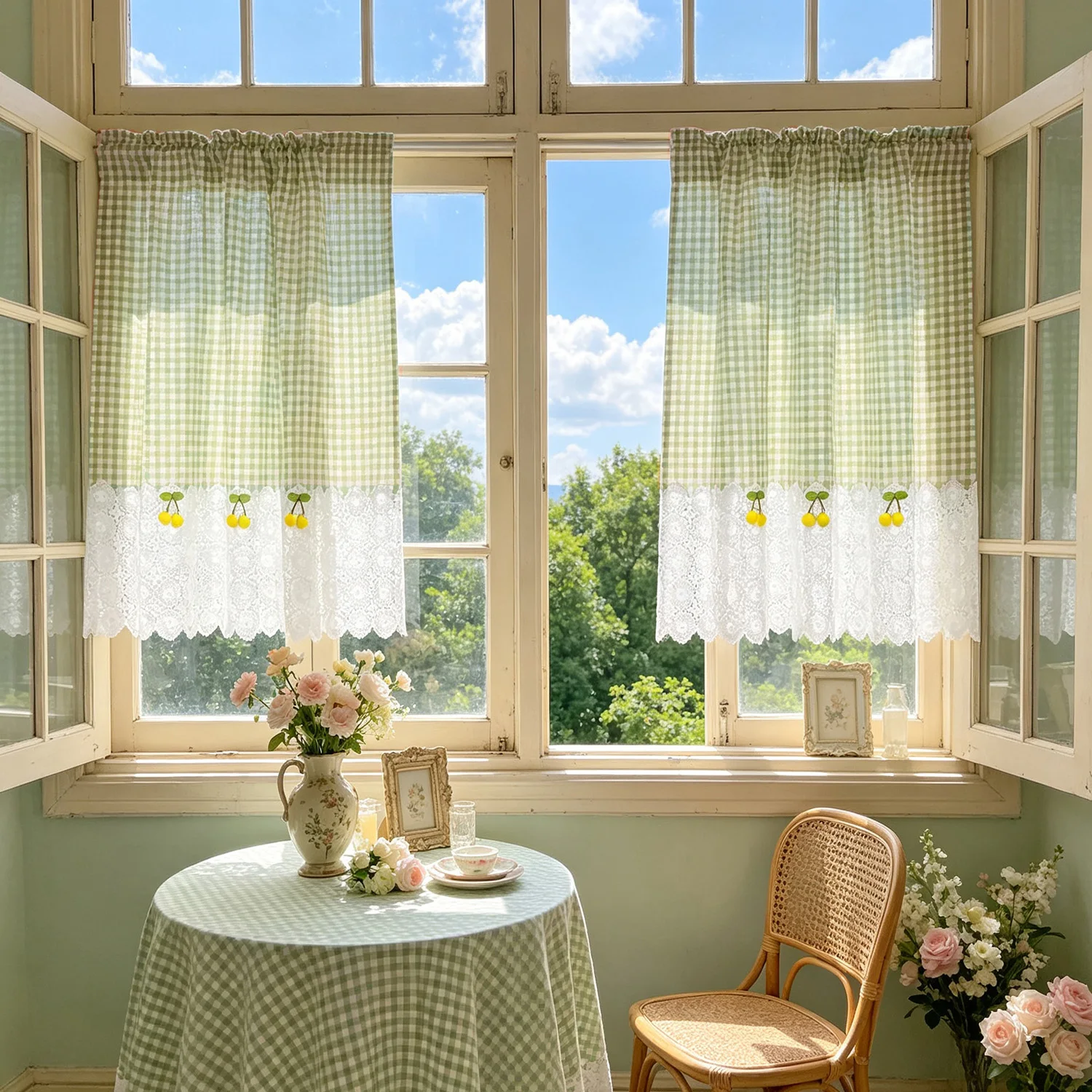 1PC Pastoral Green Lattice Stitching Curtain, White Lace Yellow Cherry Deoration, Oven Curtain for Door, Study, Kitchen, Porch