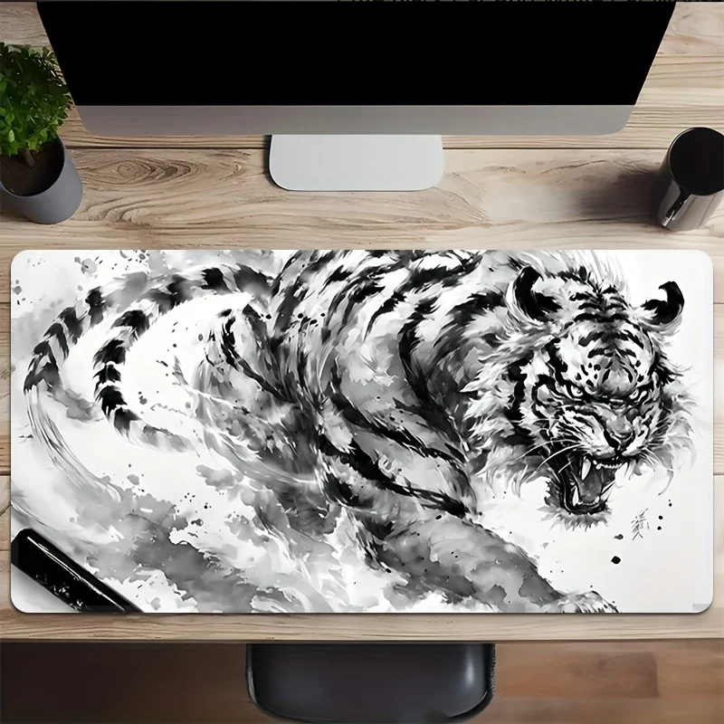

Ink-Style Tiger Design Large Gaming Mouse Pad - Non-Slip Rubber Base, Water-Resistant, Oblong Desk Pad for PC Accessories
