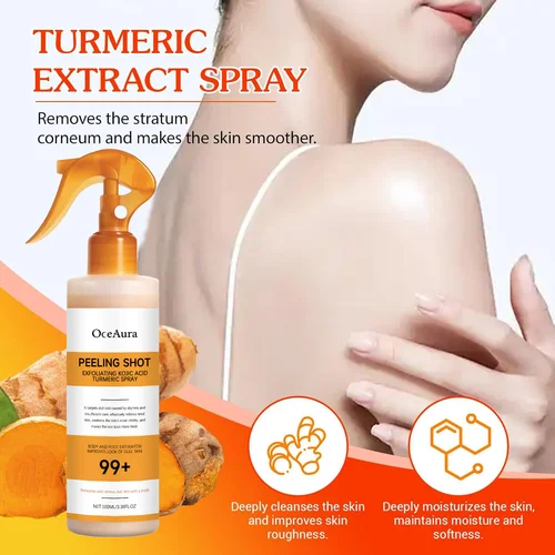 Cuidado de la queratina corporal, Spray de cúrcuma de ácido kójico, solución exfoliante suavemente, cuidado hidratante nutritivo de la piel, todo tipo de piel