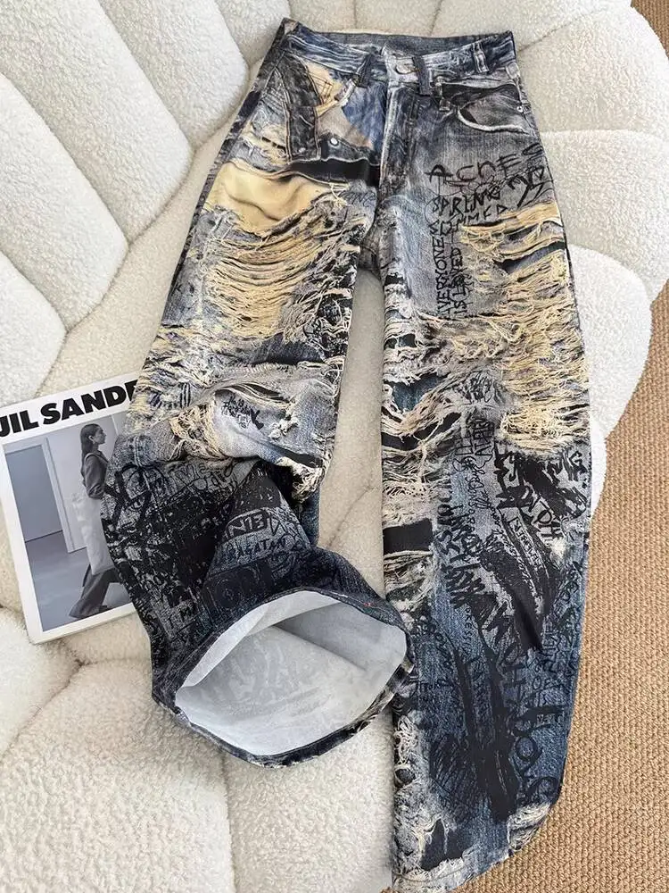 Jeans Unissex 2026 Primavera Outono com Estampa Digital 3D, Jeans Desgastados de Perna Reta para Homens e Mulheres, Calças Hiphop de Cintura Alta e Pe