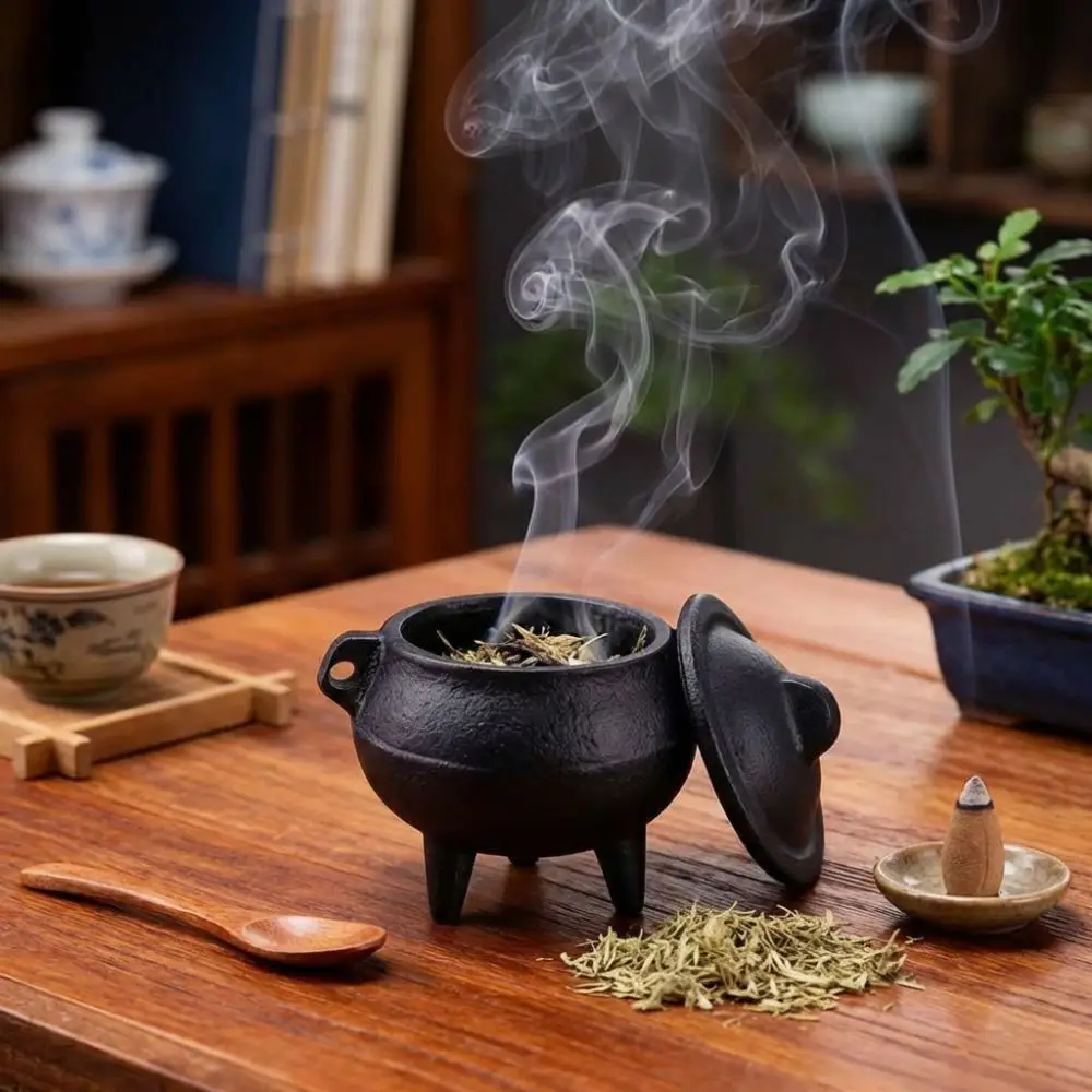 Cast Iron Incense Burner Stable Tripod Side Ring Handles Cauldron Censer Removable Lid Vintage Style Incense Stove Meditation