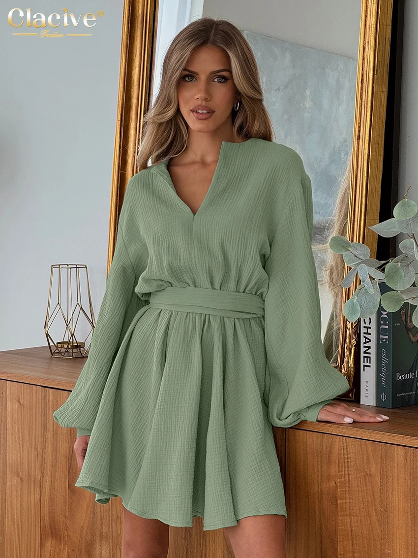 

Clacive Fashion Loose Green Cotton Women Dress 2025 Casual V-Neck Puff Sleeve Mini Dresses Elegant Lace-Up Pleated Female Dress