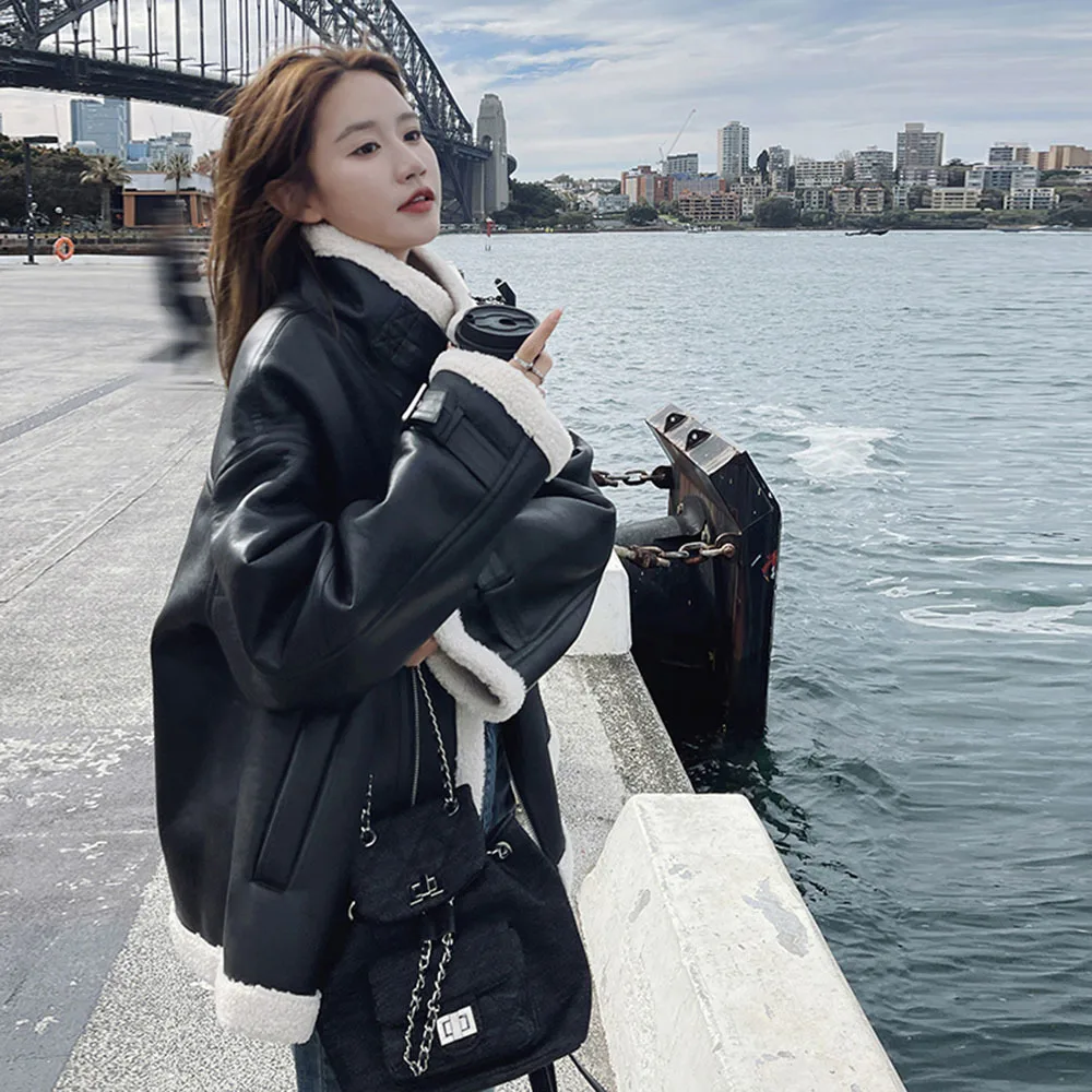 Lady Fashion PU Leather Jackets Women Lambswool Collar Coat Zipper Winter Jacket Female Long Sleeve Elegant Faux Leather Outwear