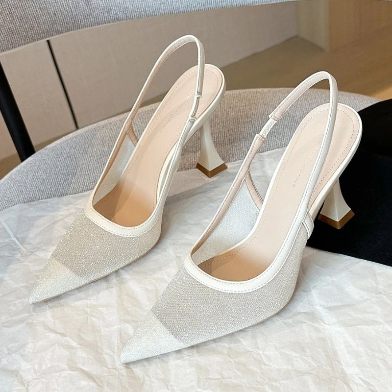 

Sexy Mesh Pointed Toe Heeled Sandals Woman Summer Elegant Shallow Mouth Slingback White Heels Wedding Banquet Bridesmaid Shoes
