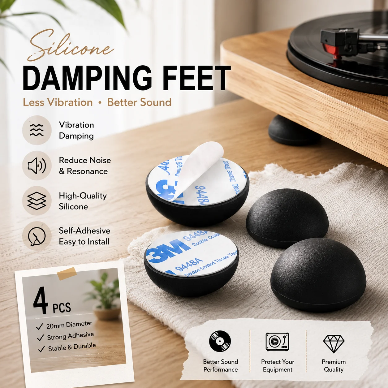 Lot de 4 patins anti-vibration en caoutchouc auto-adhésifs 3M pour amplificateur audio et haut-parleur, absorption des chocs et vibrations