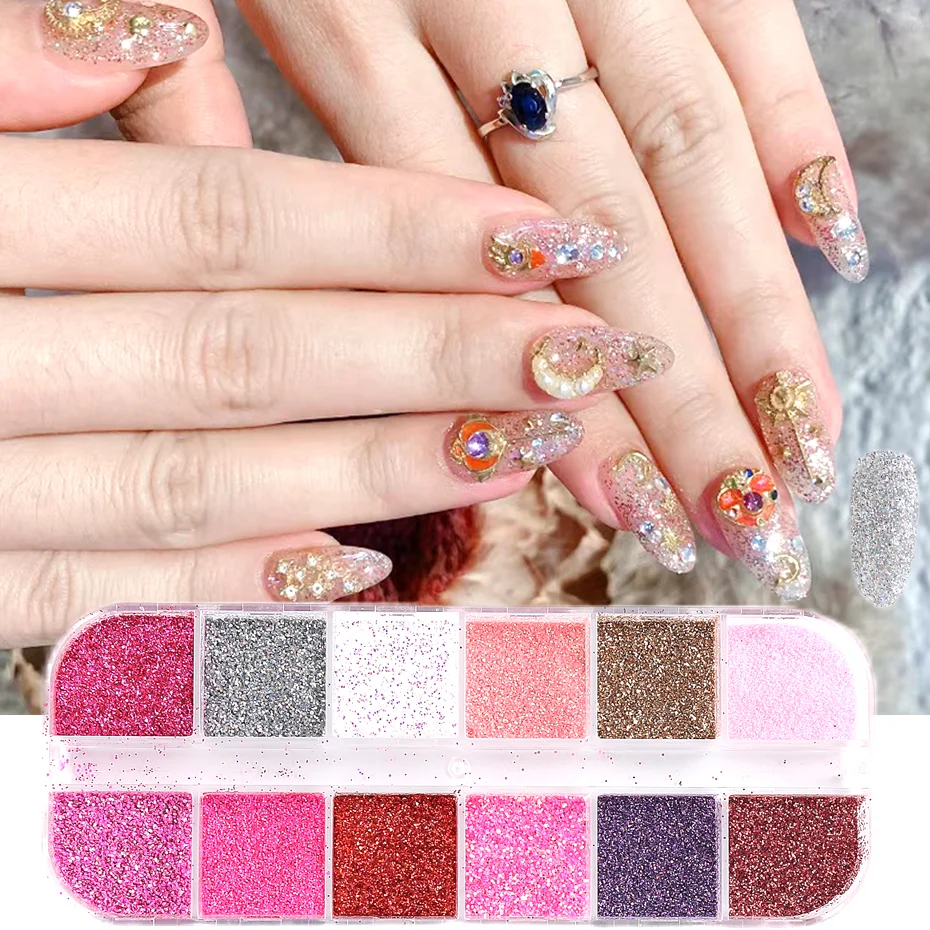 

12 Grids Nails Glitter Powders Shinny Pigment Abrasive Dust Sequin For Manicure DIY Nail Art Decors And Accessories #LE12G-BAI